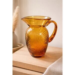 Vintage Amber Glass Pitcher Swirl Ribbed Hand Blown Mid Century Style
